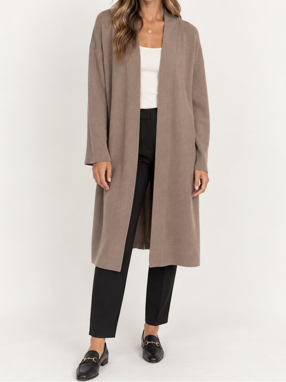 Uniqlo Longline Open Front Duster Cardigan Sweater Coatigan Taupe Brown Small